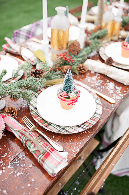 winter tablescape with mini trees