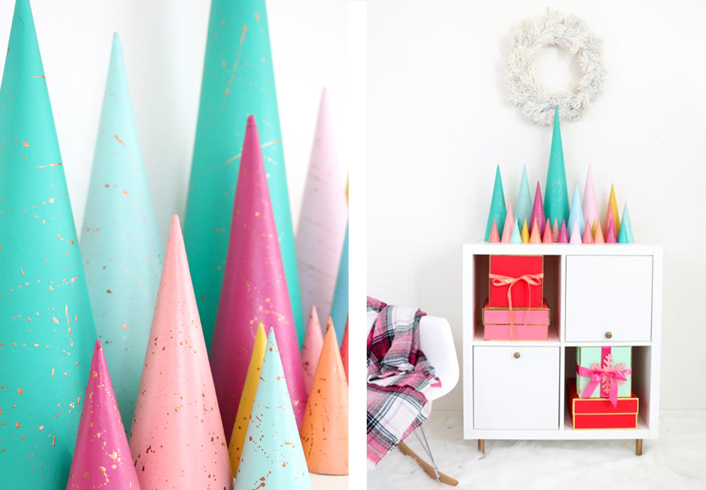 Colorful Christmas decorations in a white room.