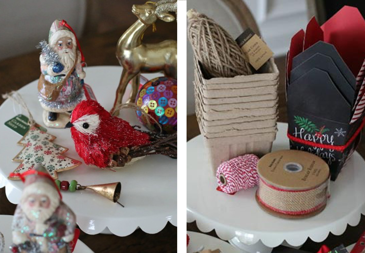 Supplies to make DIY holiday decorations. 