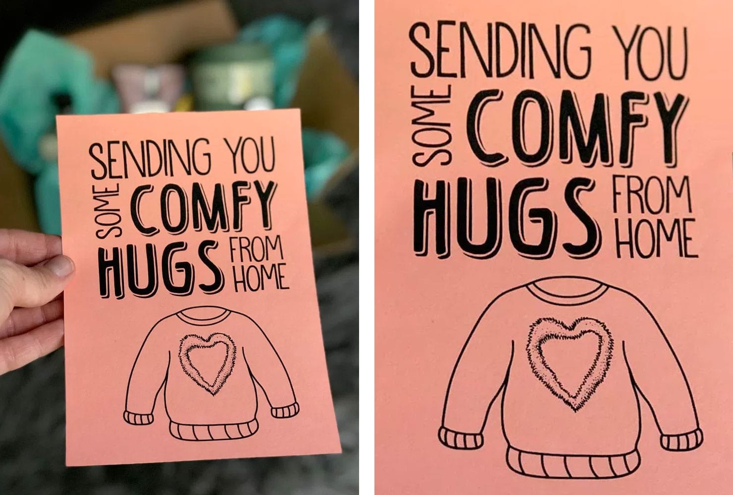 Peach card with sweater design and note