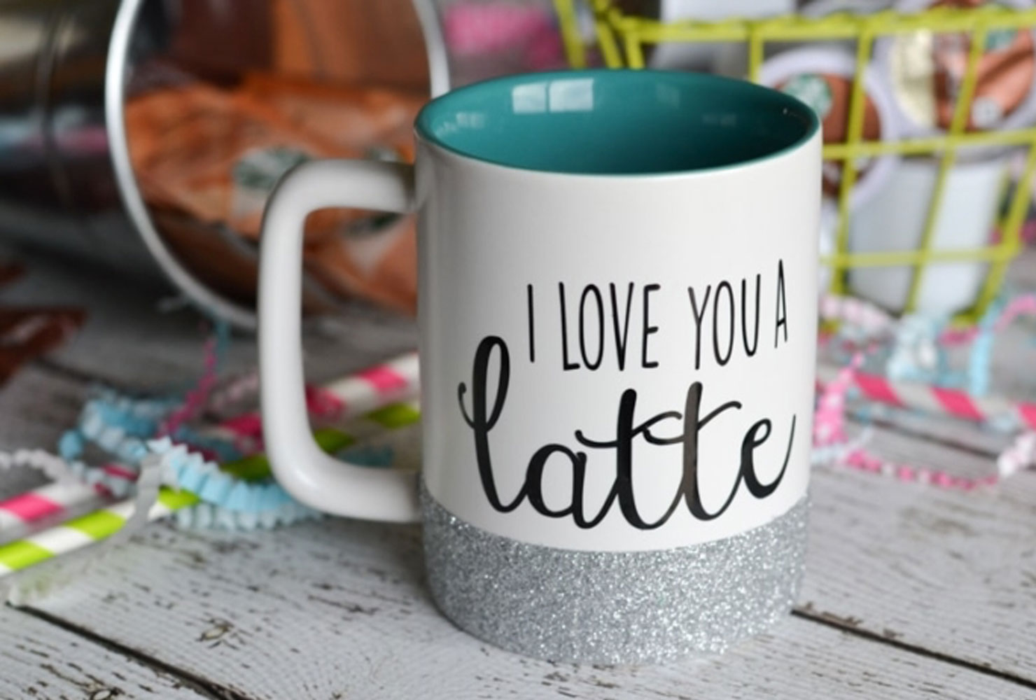 White glitter mug with latte pun