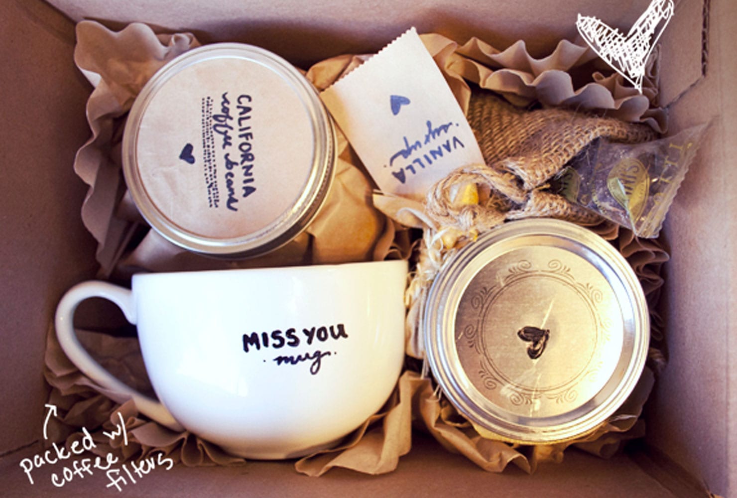 Latte kit with coffee, filters, vanilla and a mug