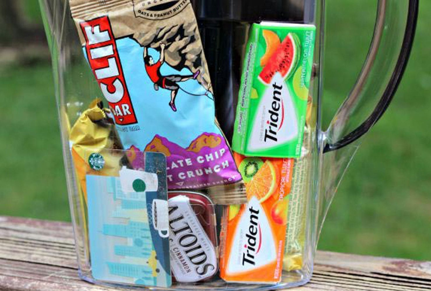 Filtered pitcher filled with snacks and gum