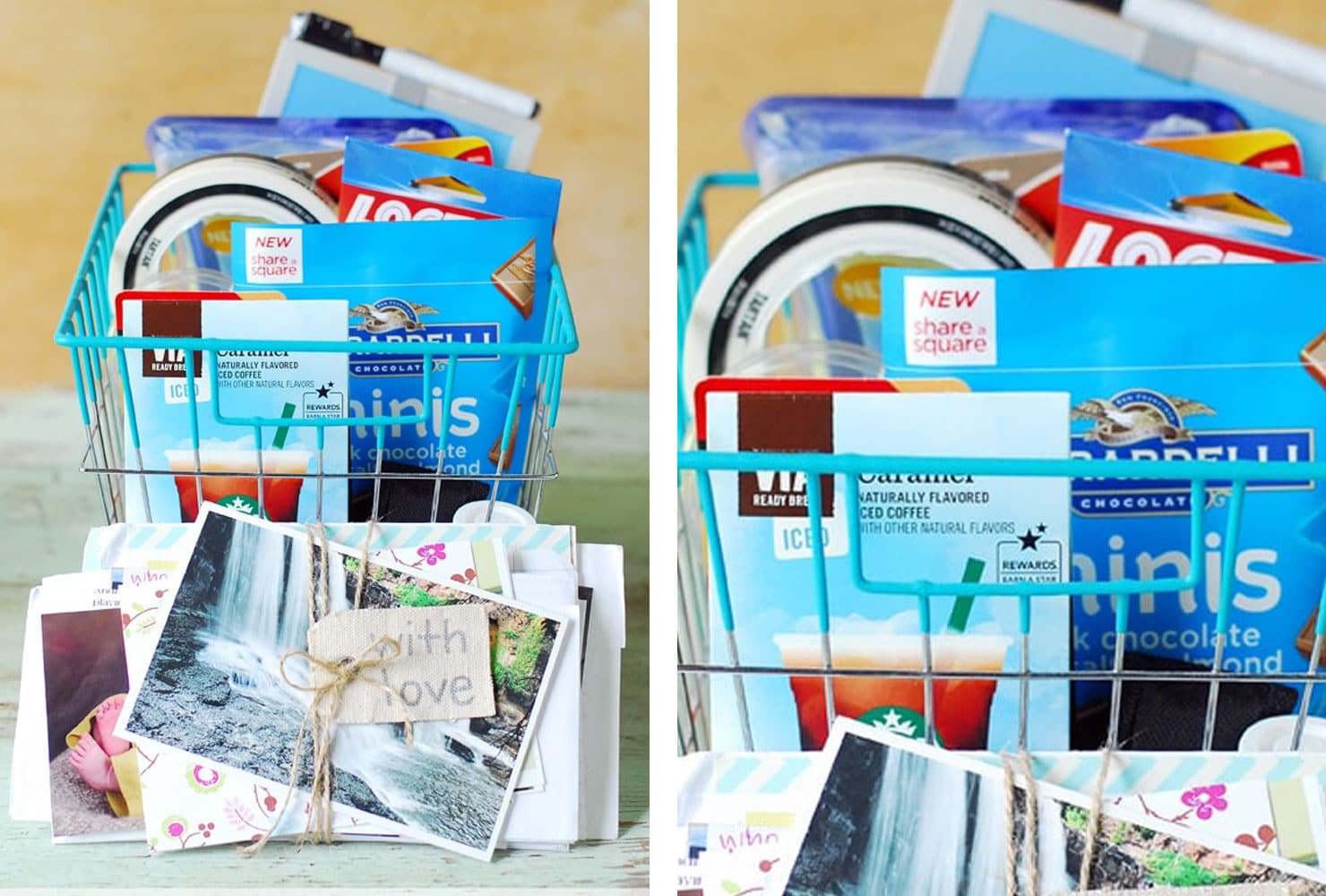 Blue wire basket with snacks and stationary