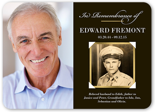 card with man's current and younger photos for a sample of good celebration of life invitation wording.