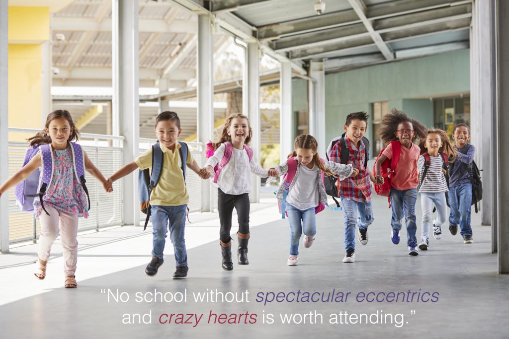 Primary school kids run holding hands in corridor with school quotes overlay.