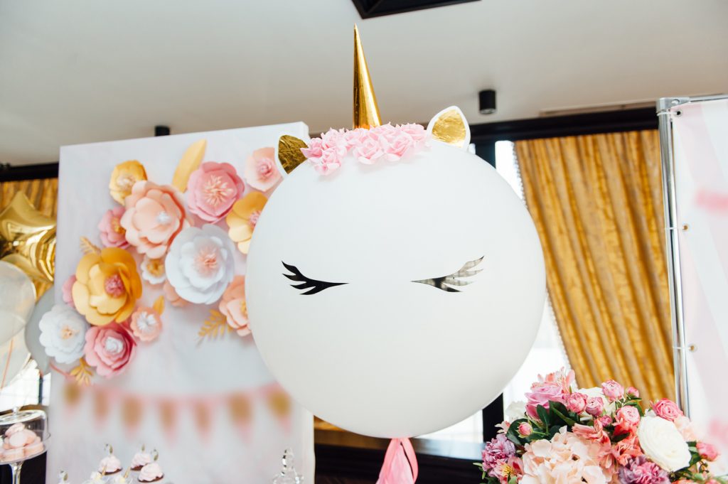 Kids birthday party decoration and unicorn balloon. 