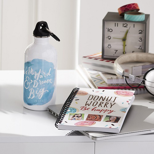 Custom water bottle on table.