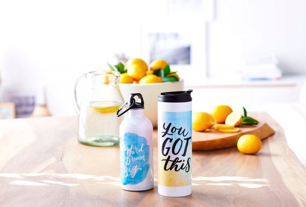 Personalized water bottles.