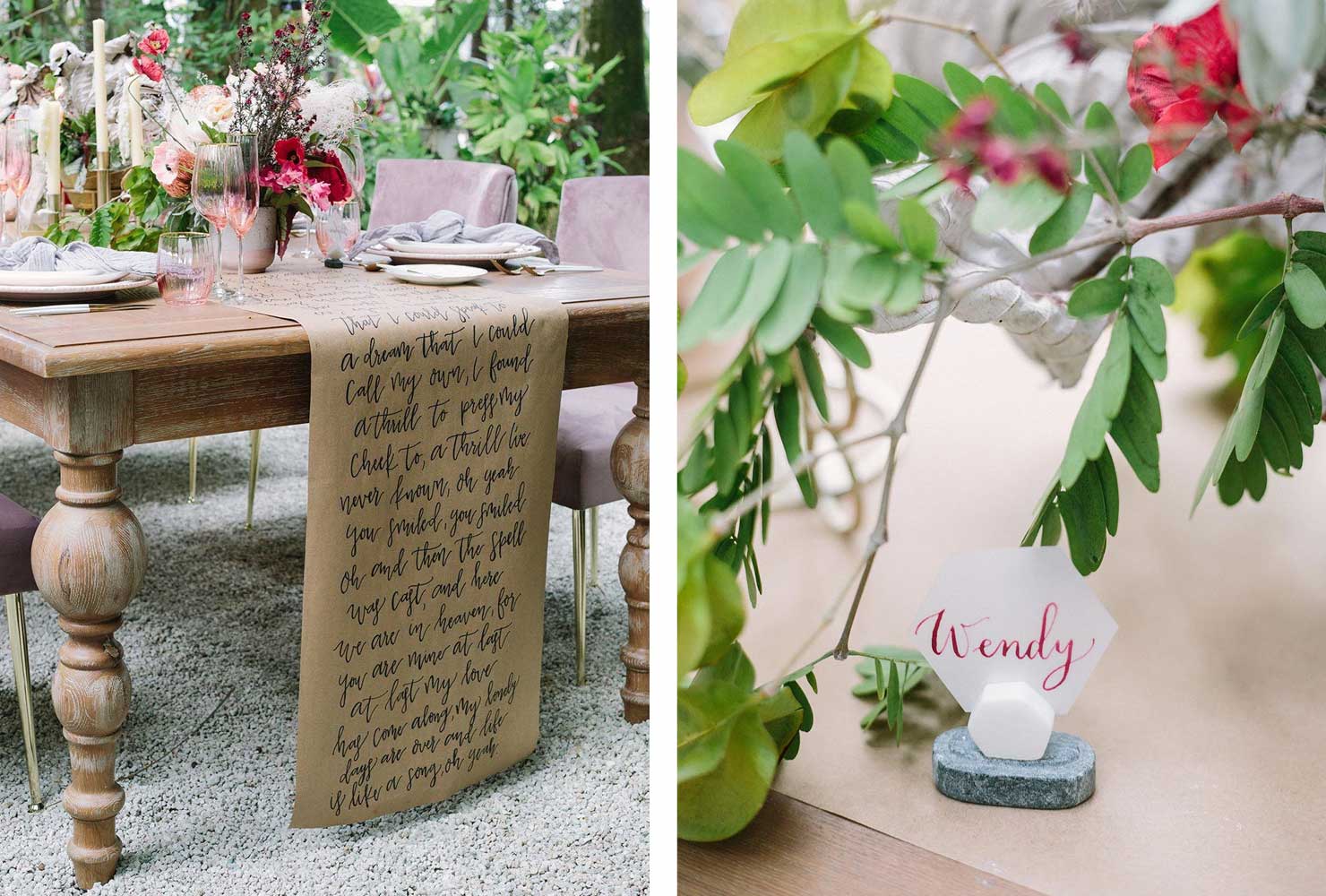 pink and black wedding love story runner