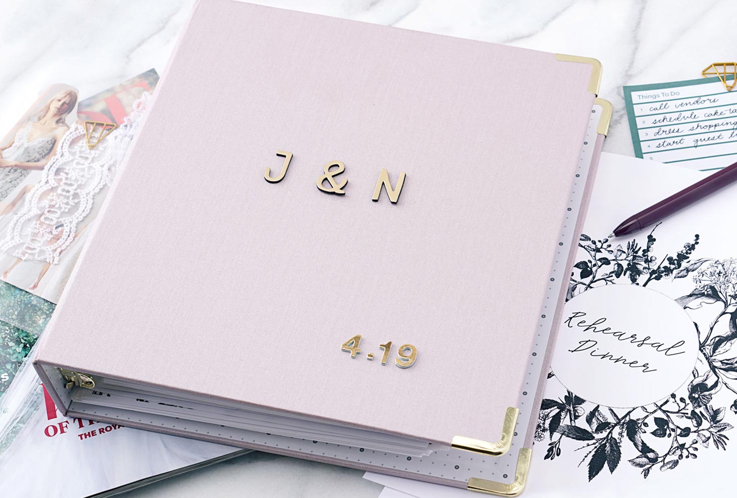 pink and gold wedding save for the scrapbook
