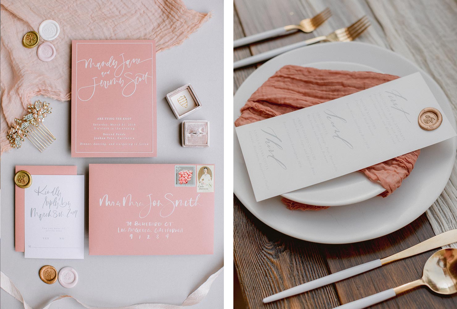 pink and gold wedding stylish stationery