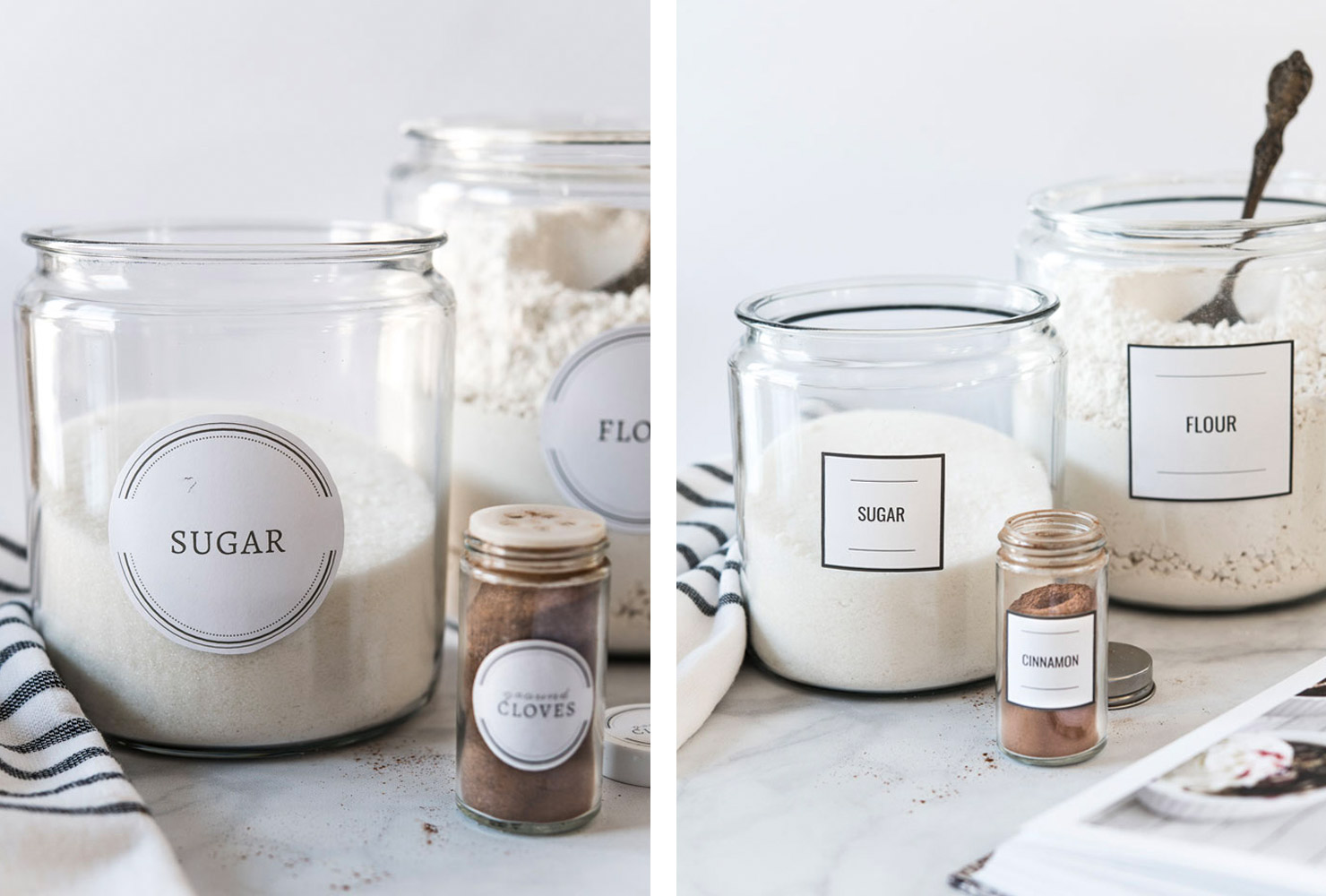 Kitchen labeled glass jars.
