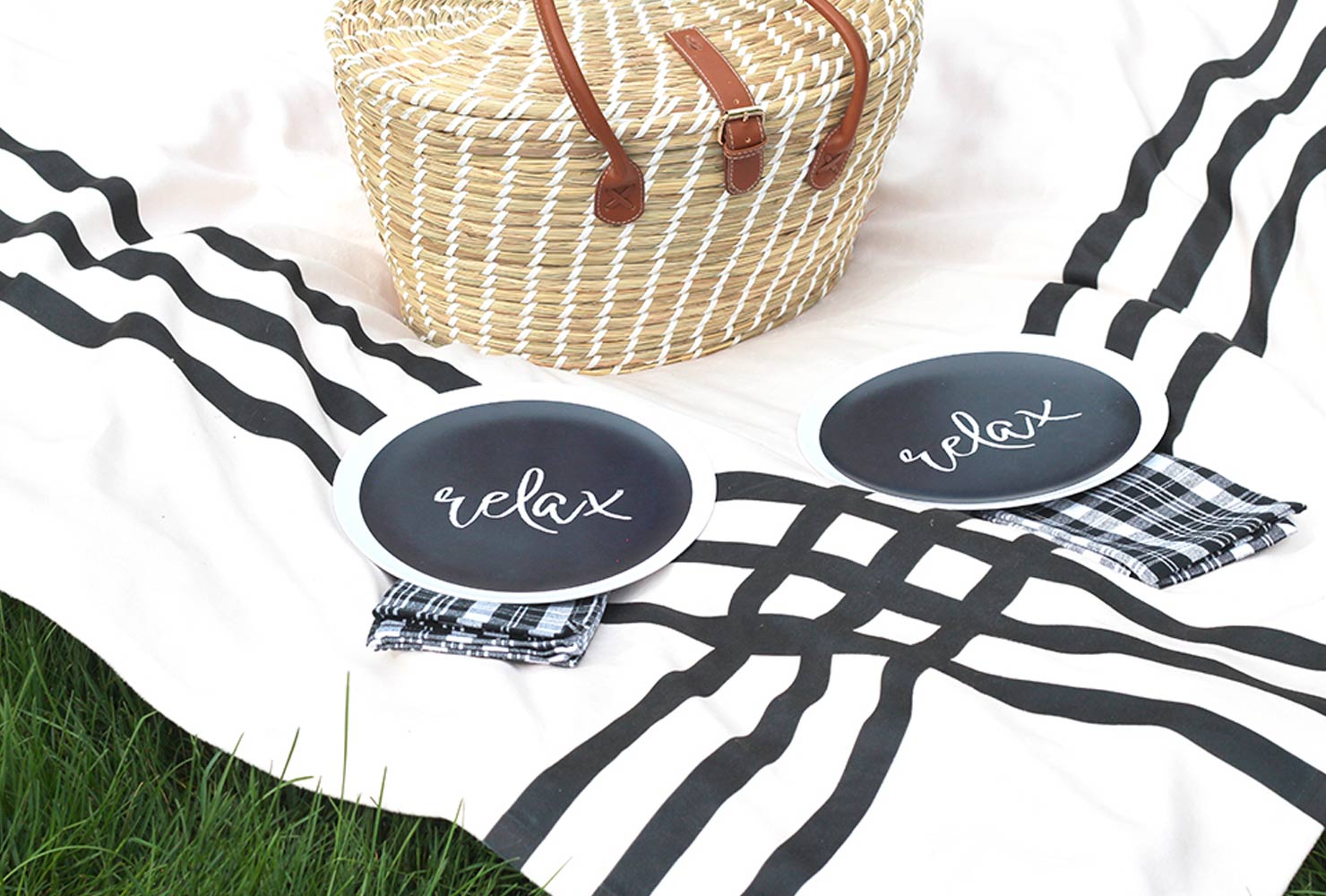 Picnic blanket, basket and plates.