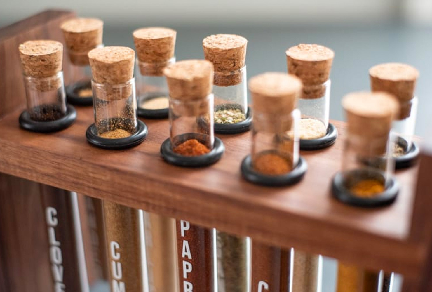 Cork topped spice bottles.