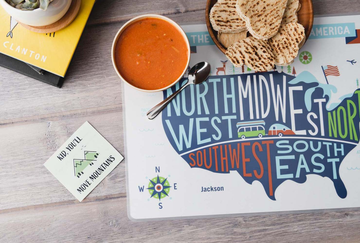 Placemat with soup.