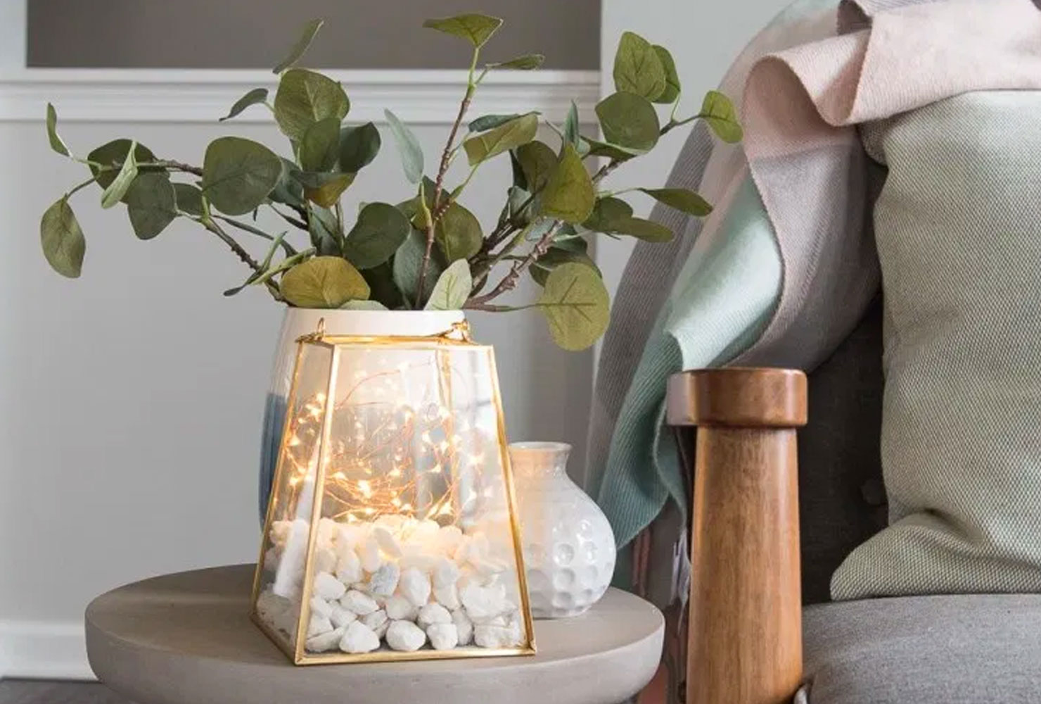 Home decor lantern with string lights.