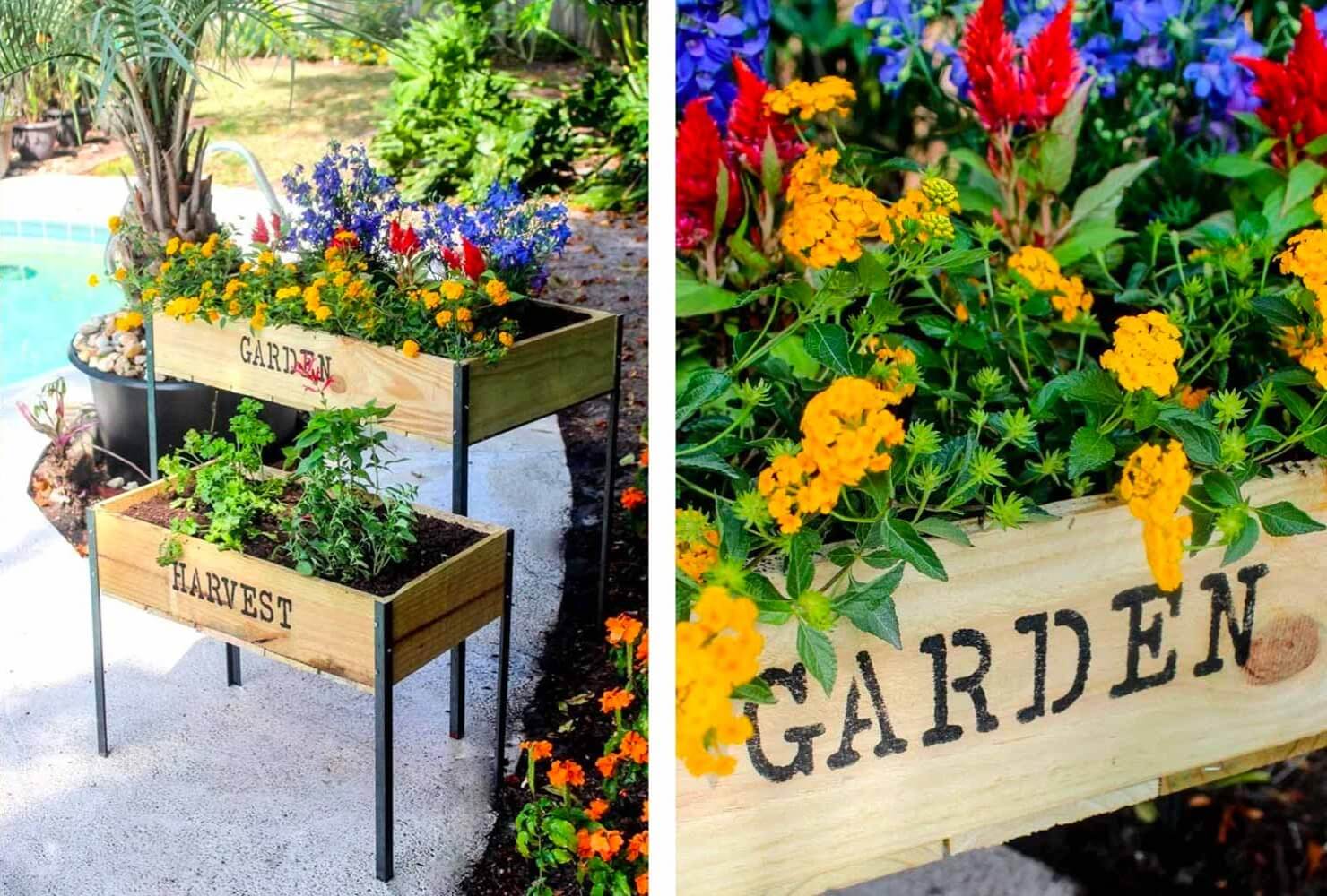 Raised wood flower boxes.