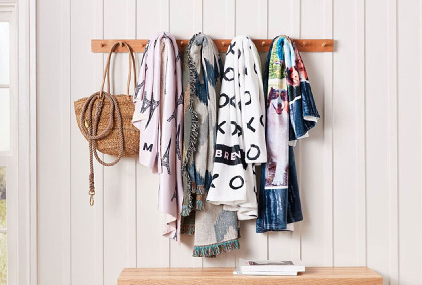 Blankets hanging on rack.