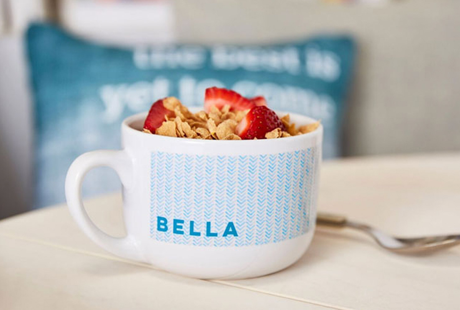 Cereal in big coffee mug.