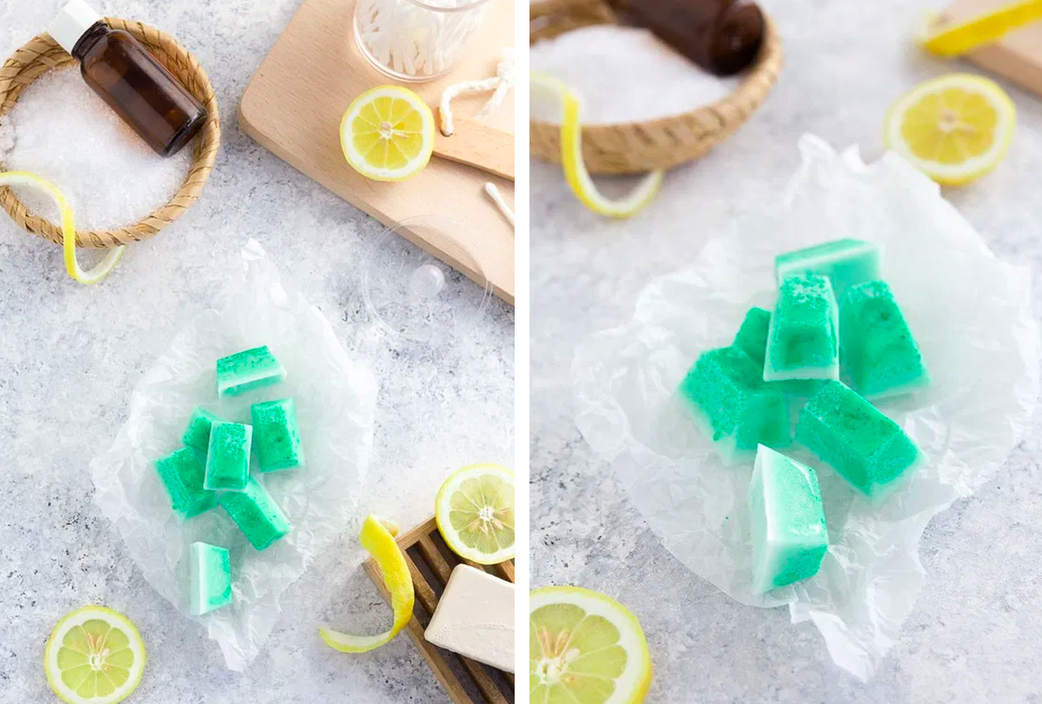 Pile of green bath melt cubes and lemons.