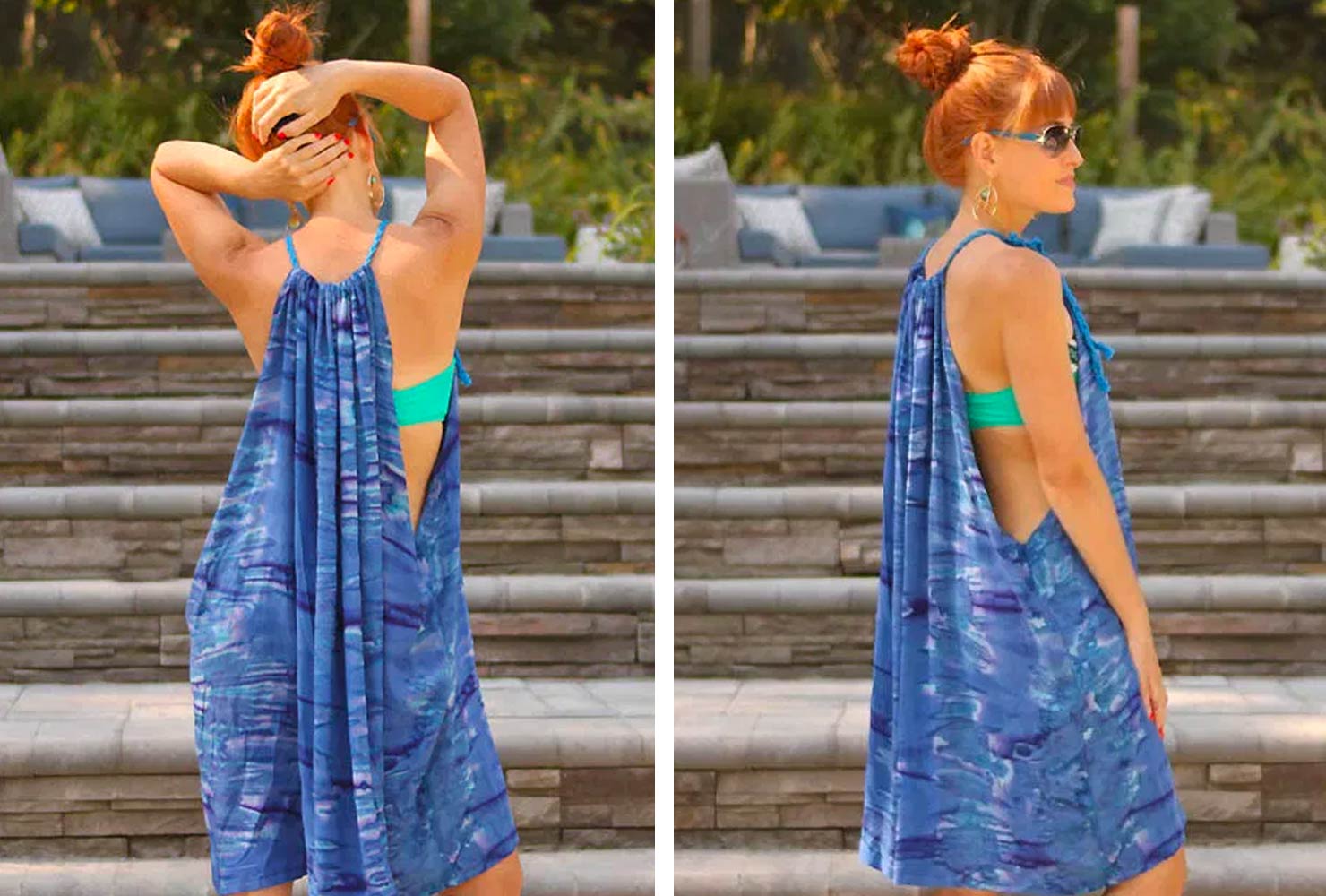 Redhead woman wearing blue tie-dye dress outside.