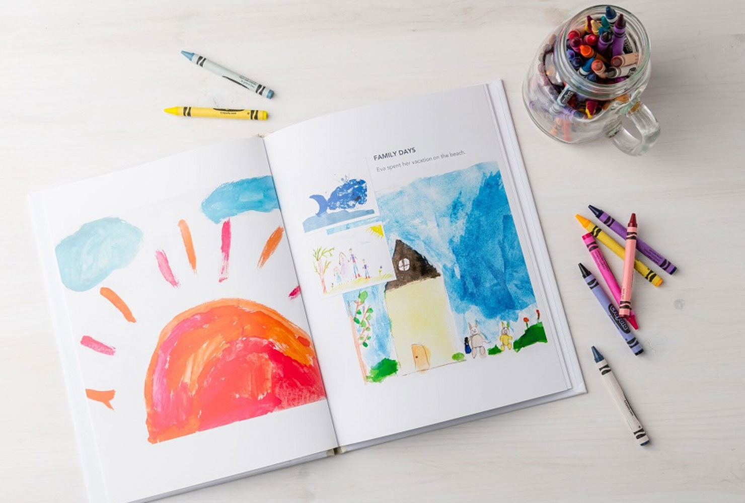 Book of art and crayons.