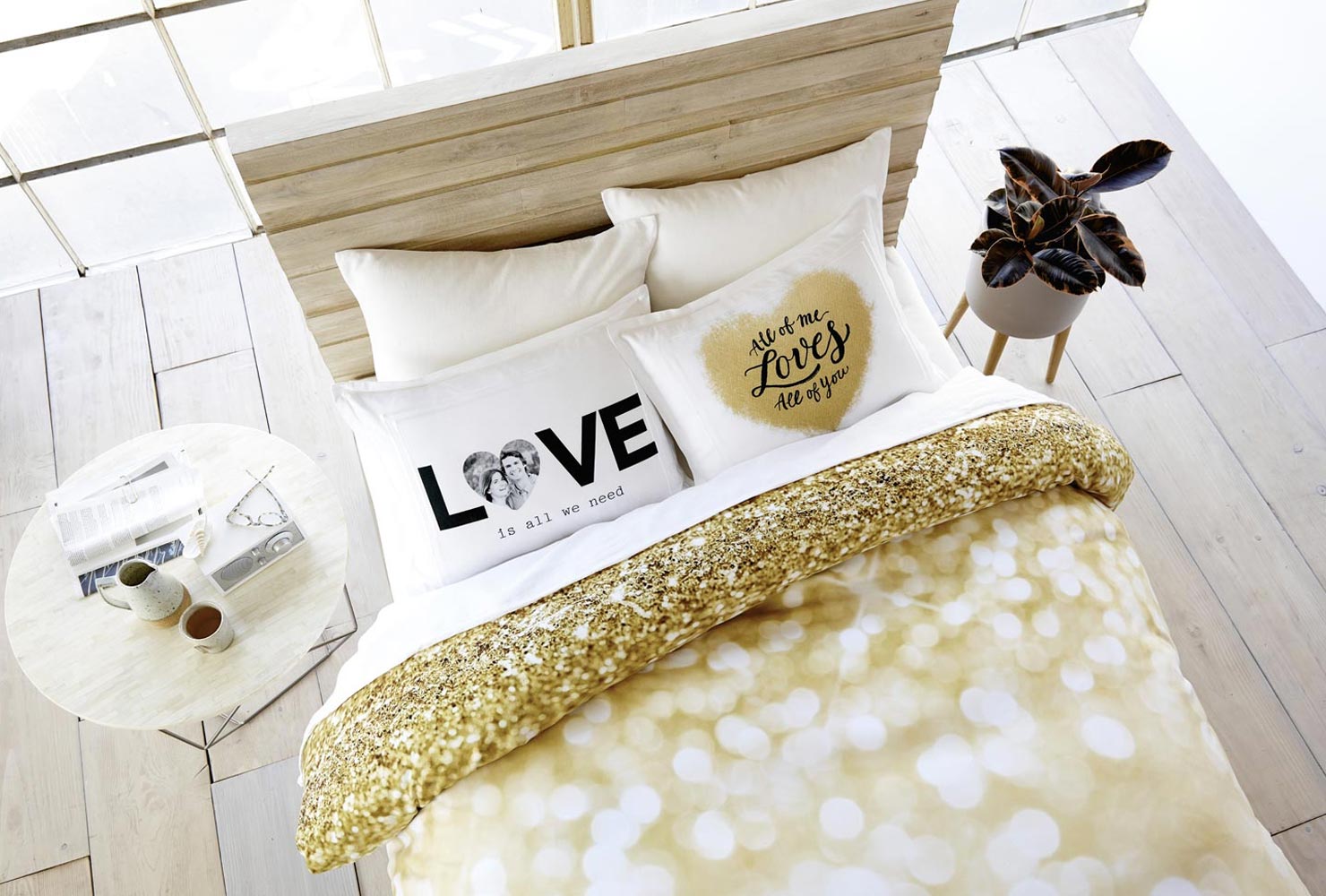 Bed with photo pillows.