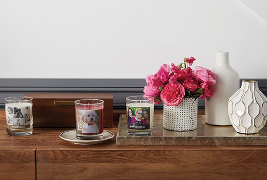 photo candles on a coffee table.