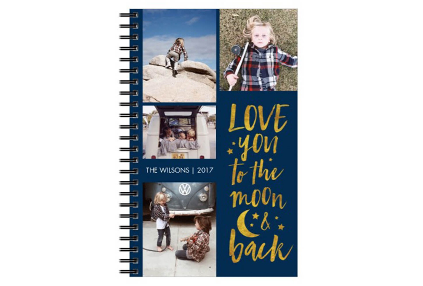Blue notebook with photos of kids.