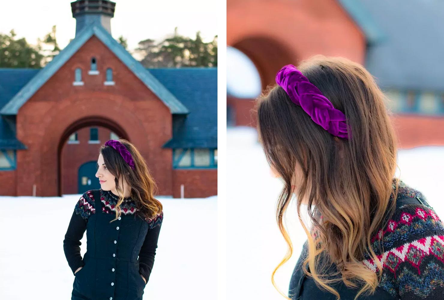 Girl wearing velvet headband.