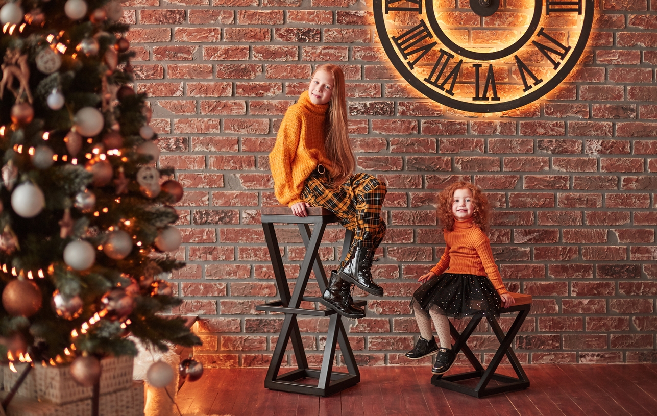 portrait of two pretty sisters sitting in a modern living room . the concept of Christmas