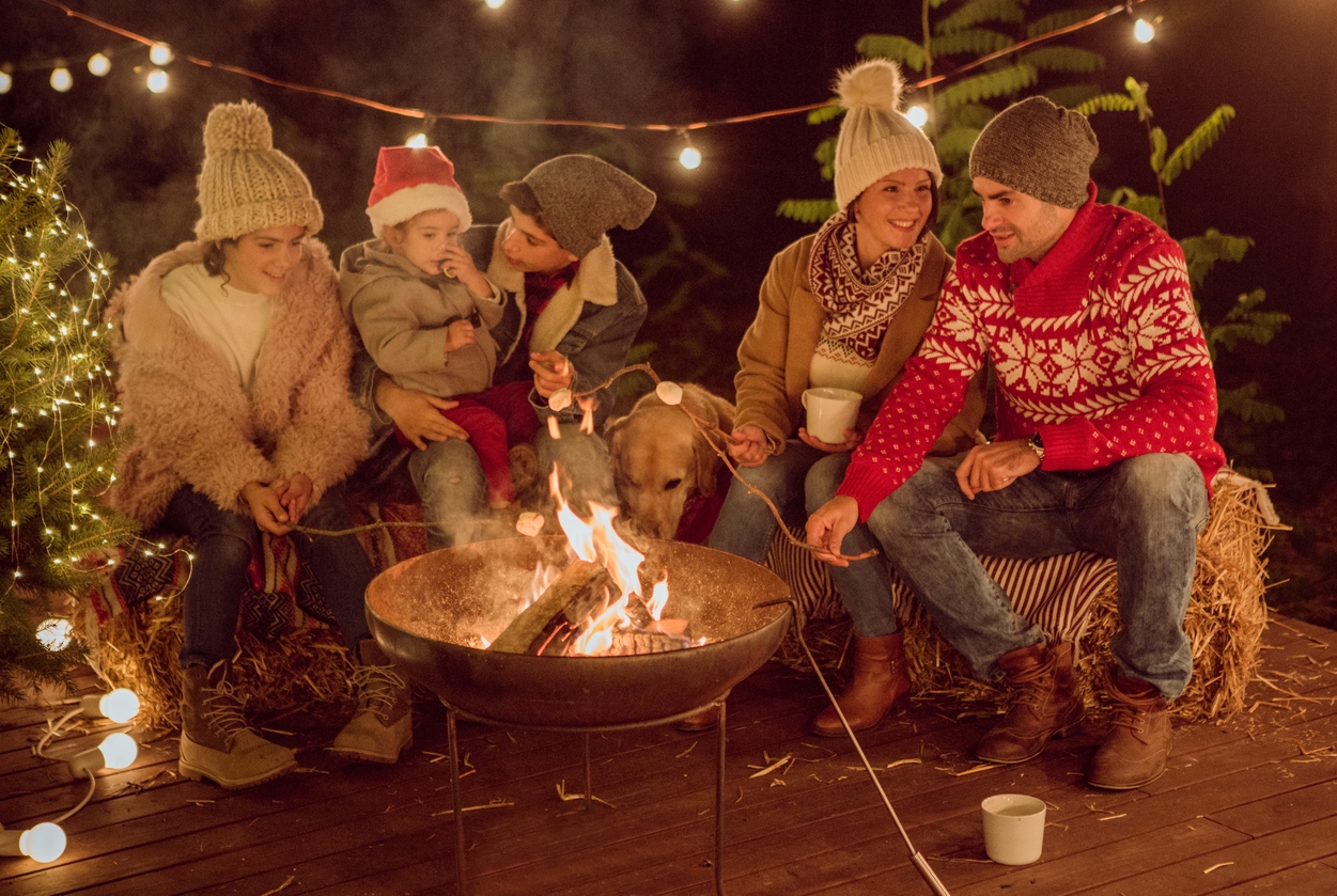 Family celebrating holidays at cottage. Sitting around the fire and roasting marshmallows