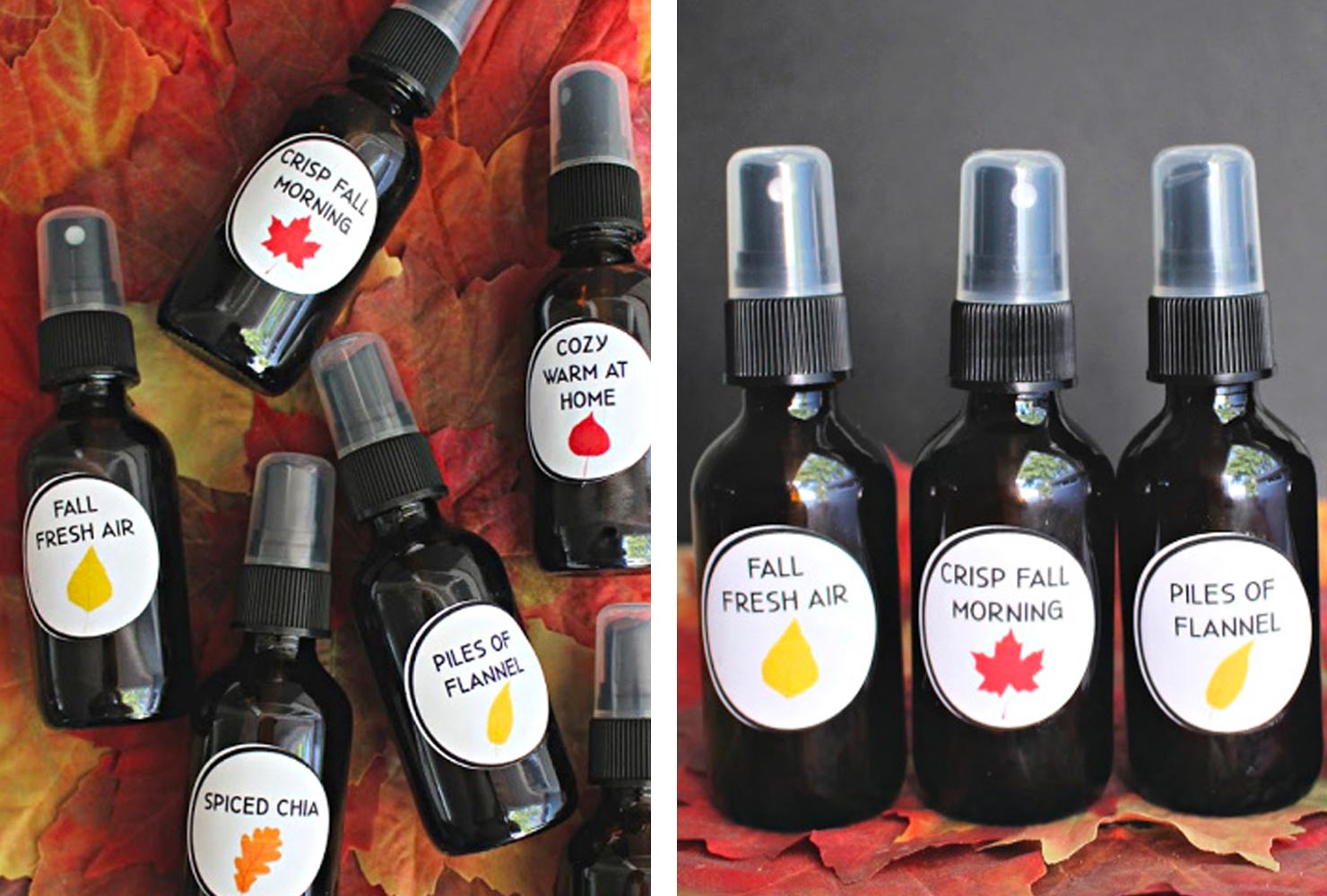Small amber spray bottles on autumn leaves.