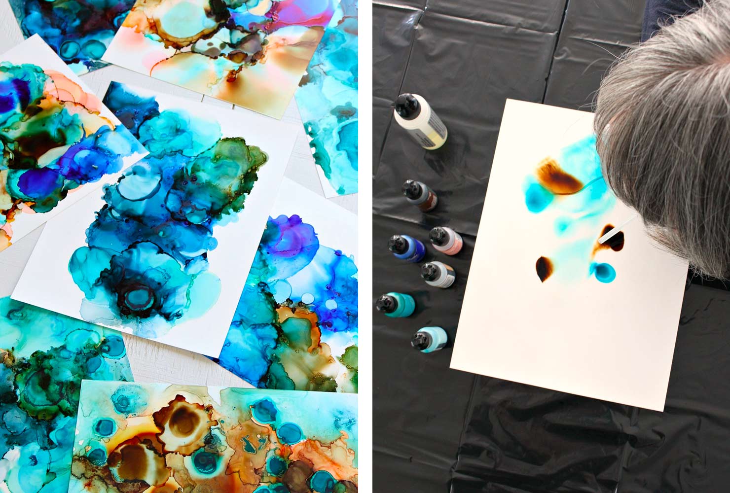 Blue ink blot paintings.