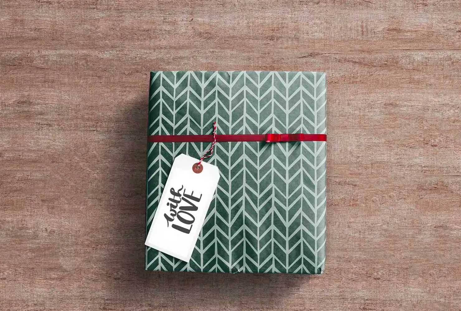 Chevron pattern wrapping paper with paper tag.