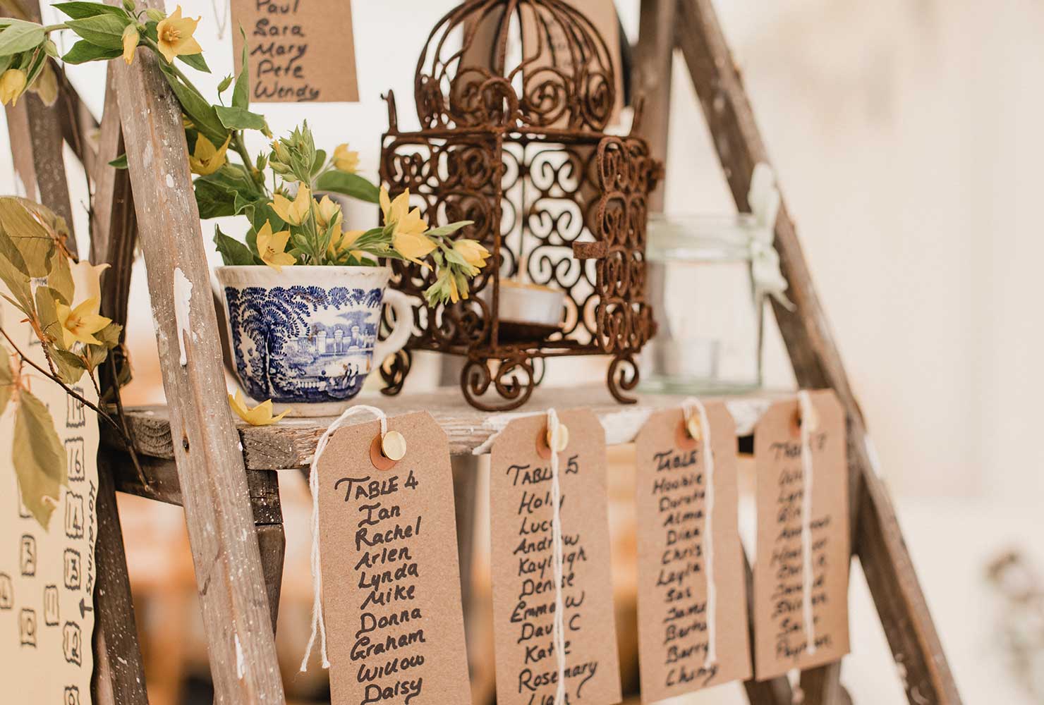 Handwritten tags hanging on wood shelf.