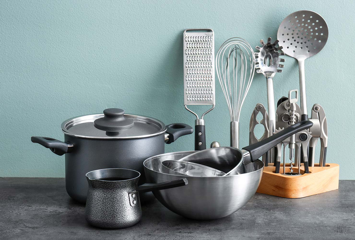 Pots and kitchen utensils.