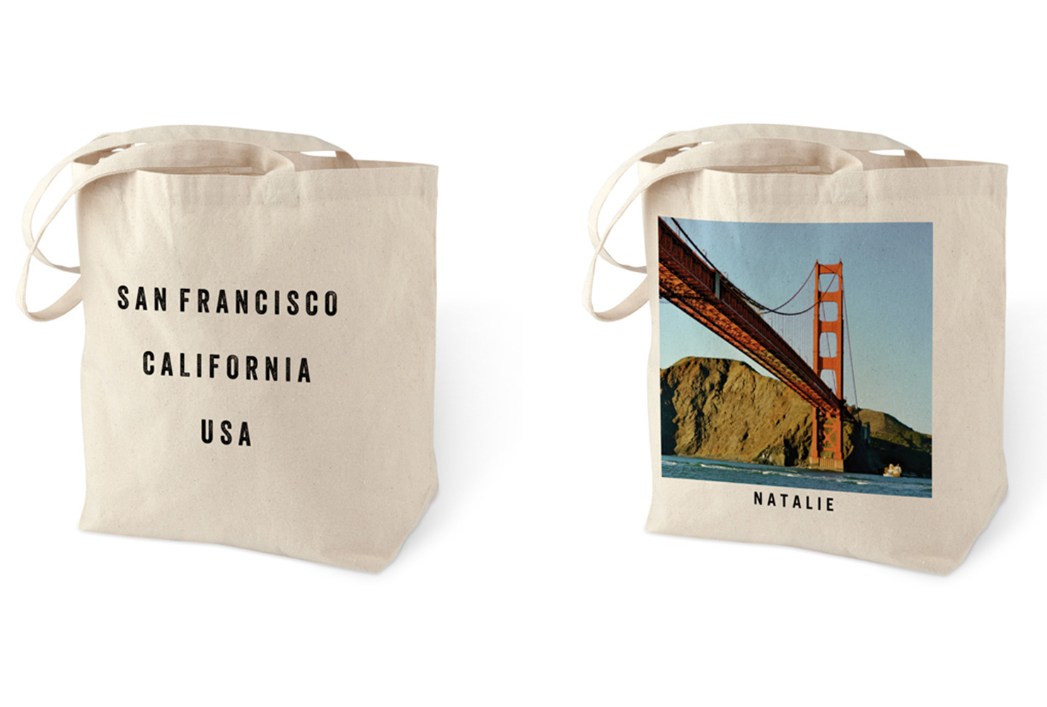 Monogrammed cotton tote bags.