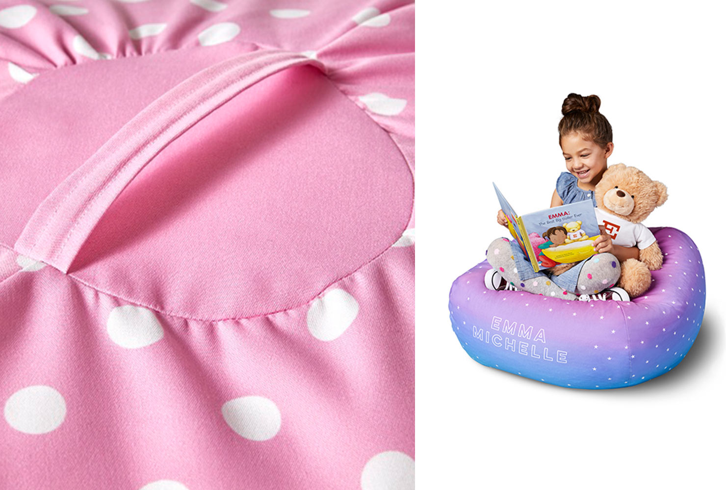 Girl sitting in pink and purple bean bag chair.