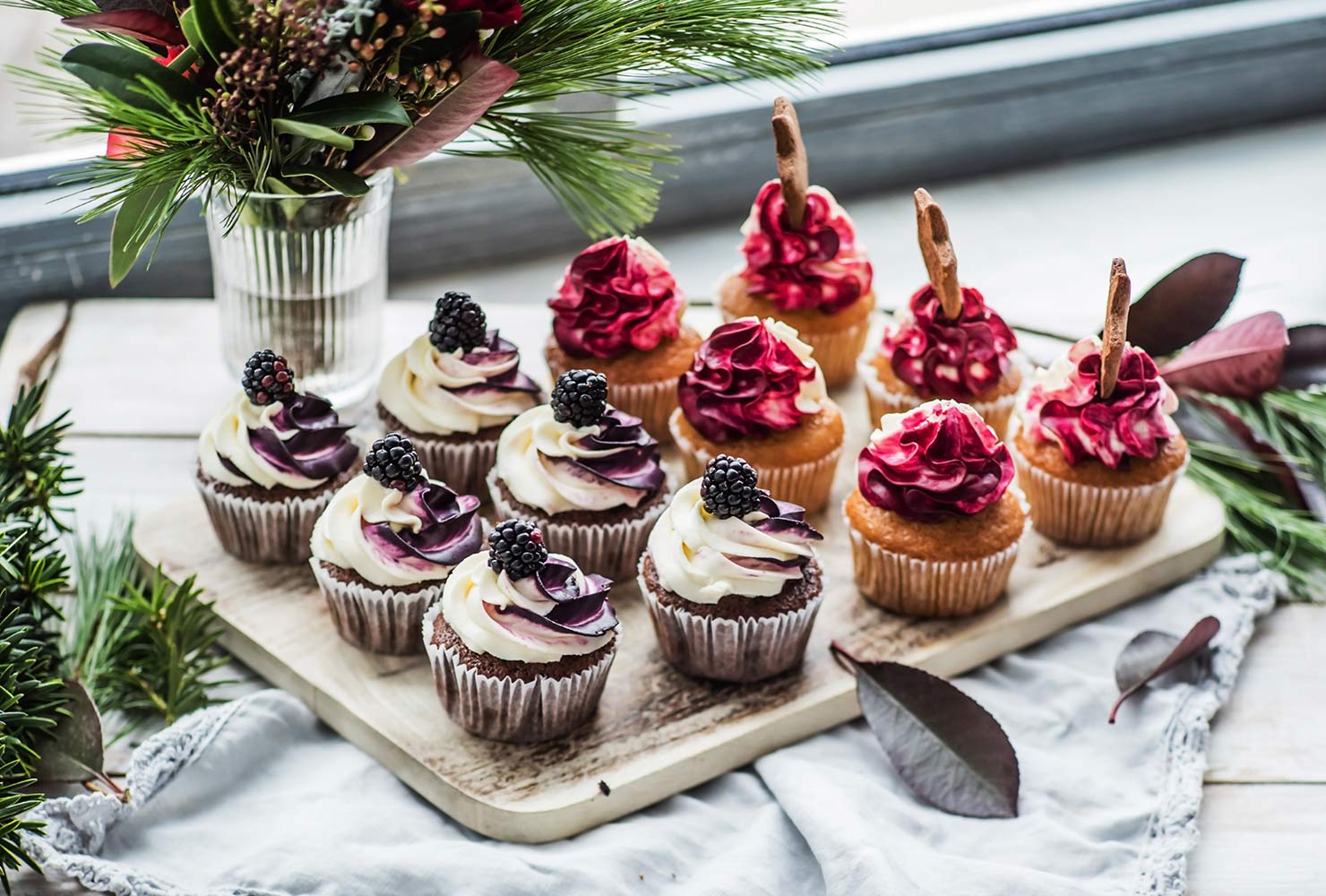 Colorful cupcakes on table.
