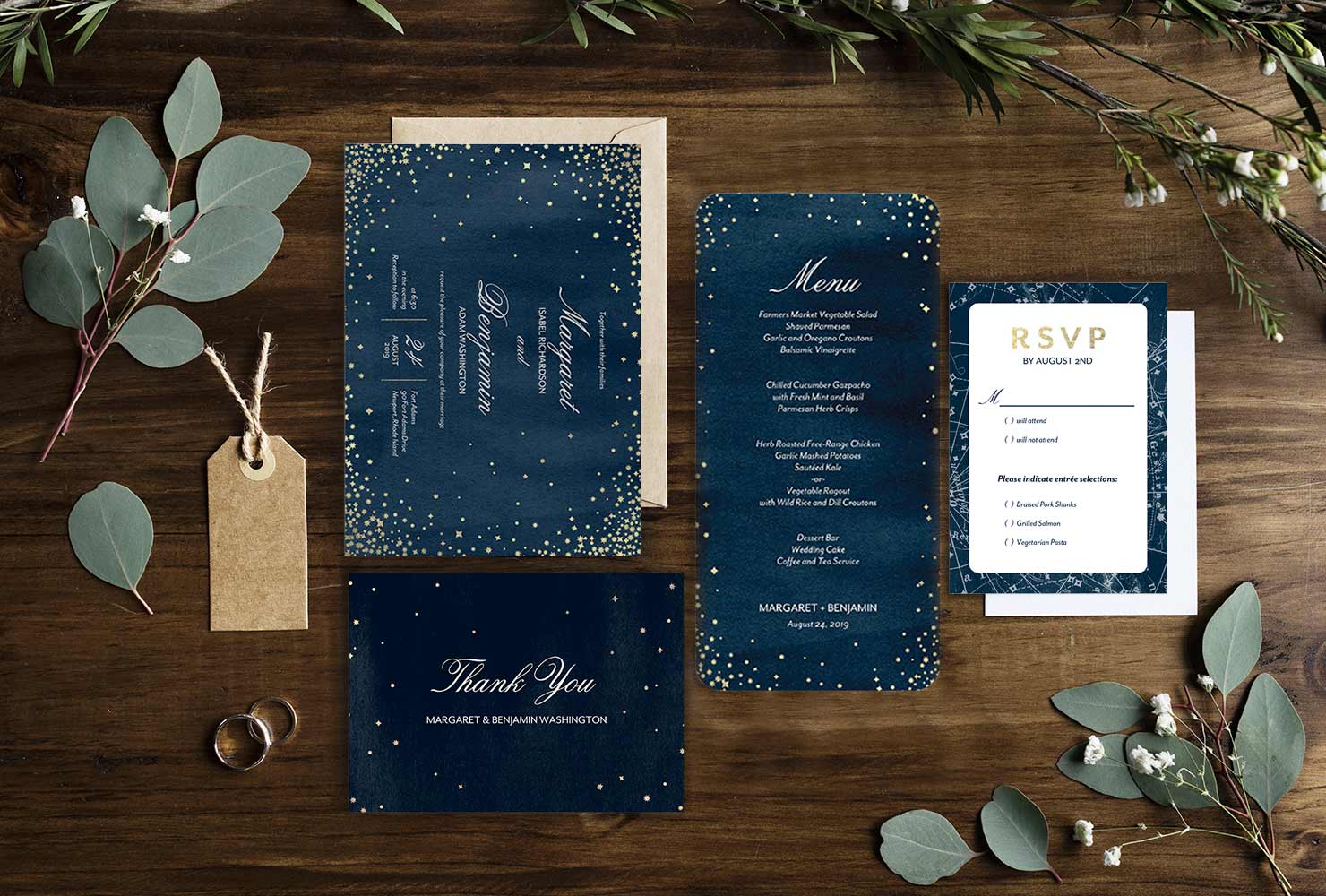Navy and gold wedding stationery suite.