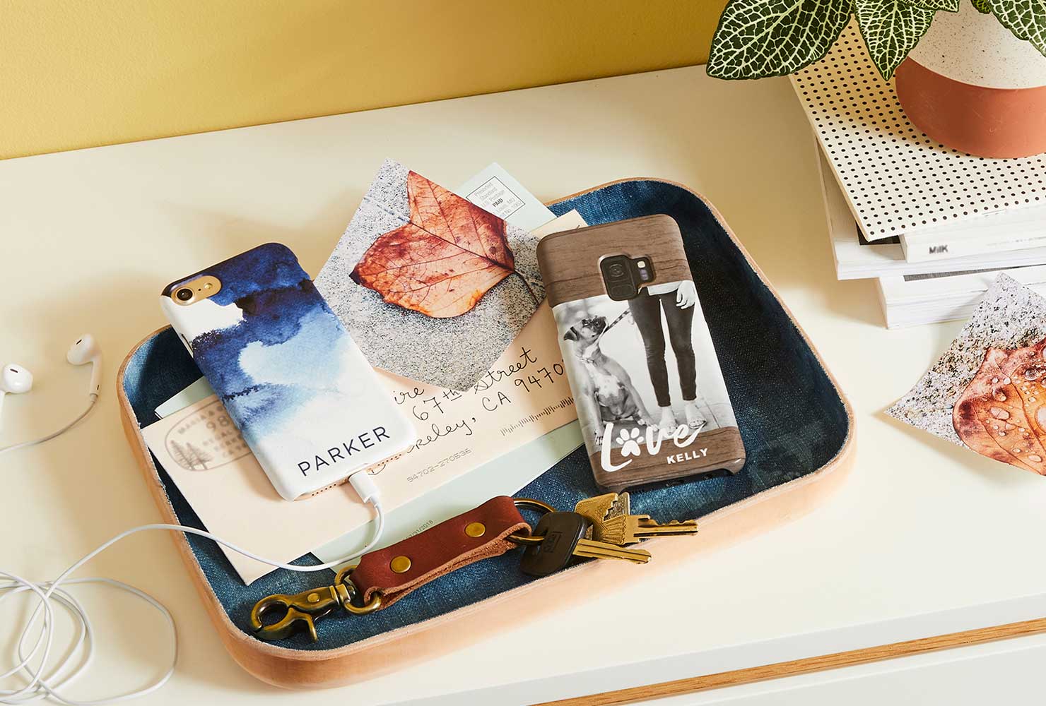 Custom phone cases mail and keys on a catch all tray