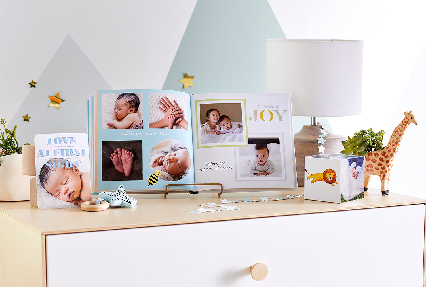 Baby photos on dresser.