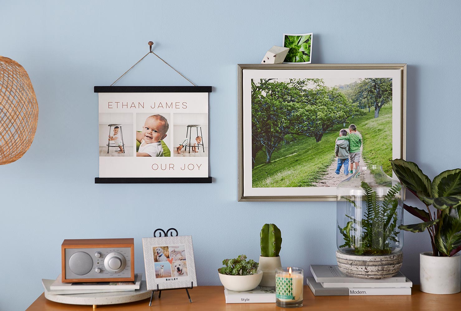Family artwork hanging on wall.